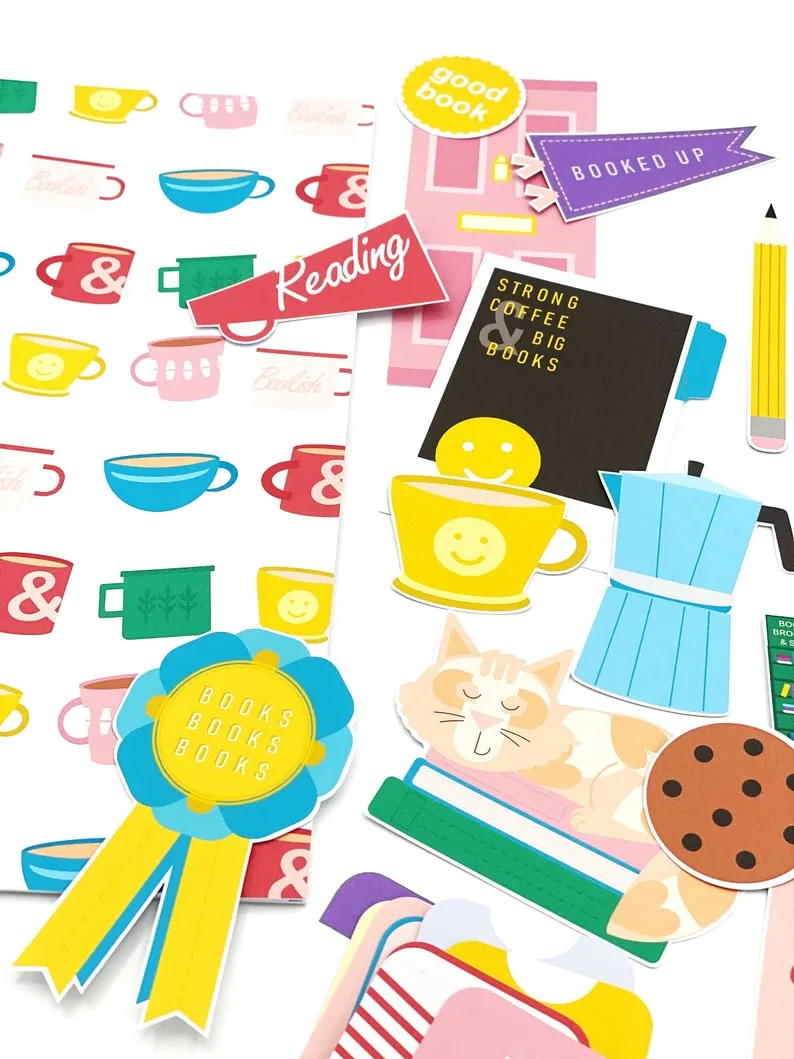 Image of a variety of brightly colored paper products for scrap booking. 