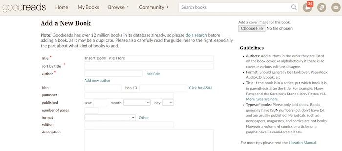 Screenshot of a Goodreads page for manually adding a new book