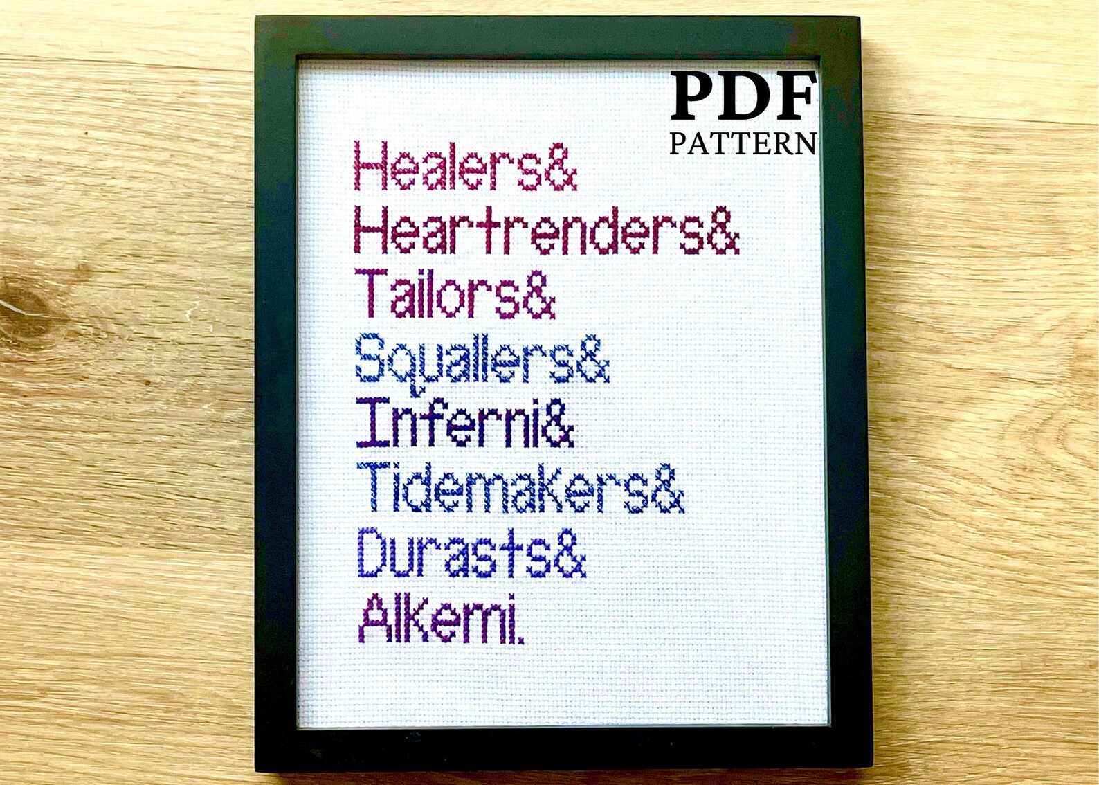 A cross stitch listing the orders of the Grill: Healer, Heartened, Tailor, Squaller, Inferno, Tidemakers, Durasts, and Alkemi.