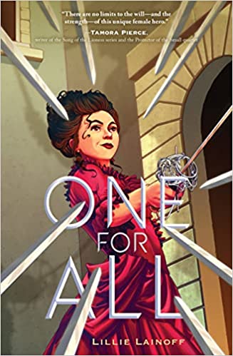 Cover of One for All by Lillie Lainoff, featuring illustration of a woman with dark hair in a red dress holding a fencing sword