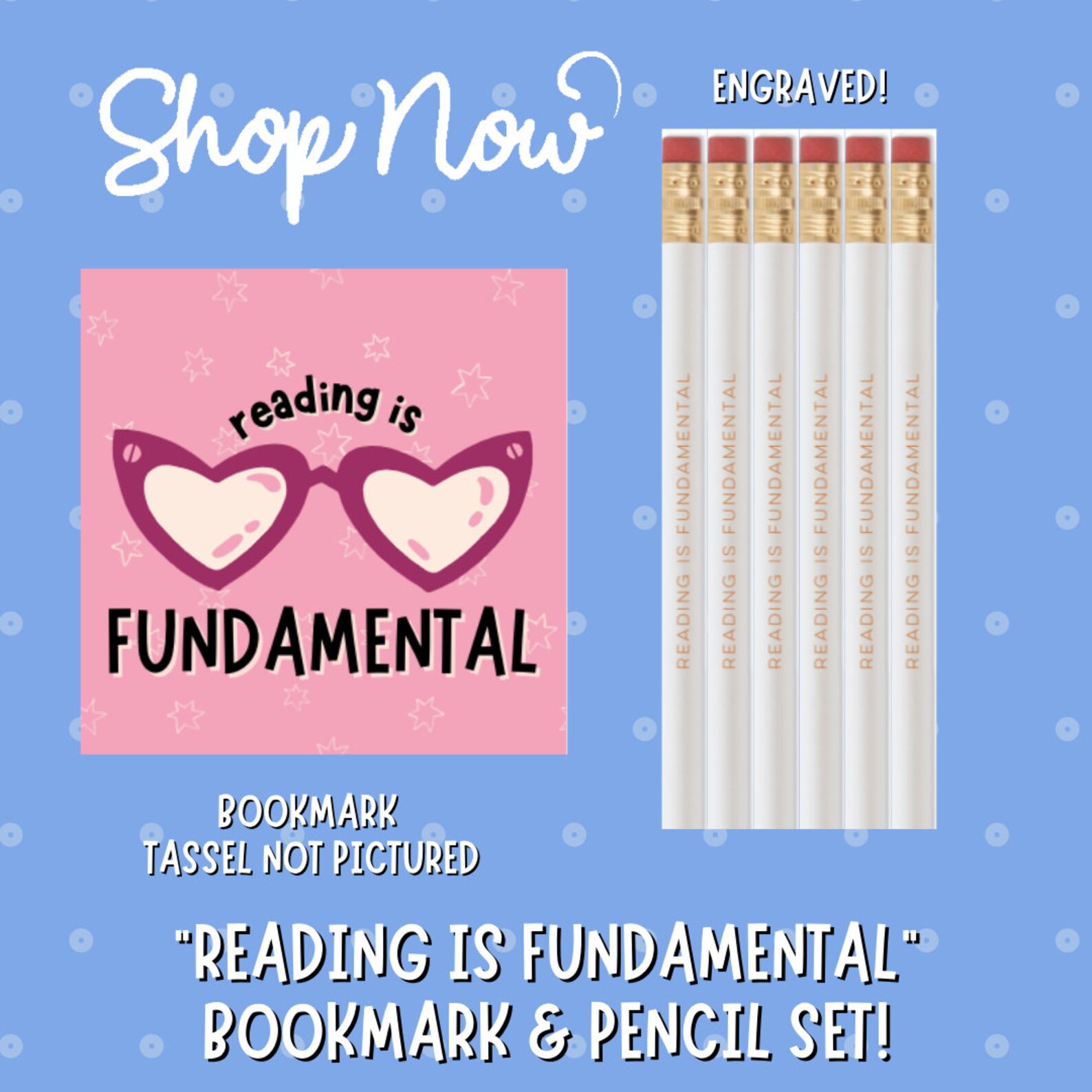 Set of six white pencils that read "Reading is fundamental" in pink and a matching pink bookmark