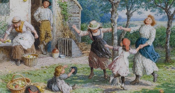 Myles Birket Foster watercolor painting of the ring around the roses nursery rhyme