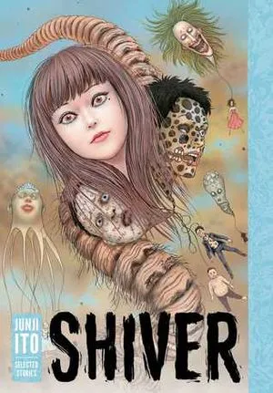 Shiver book cover, abstract drawings of human faces on different bodies on a light blue background