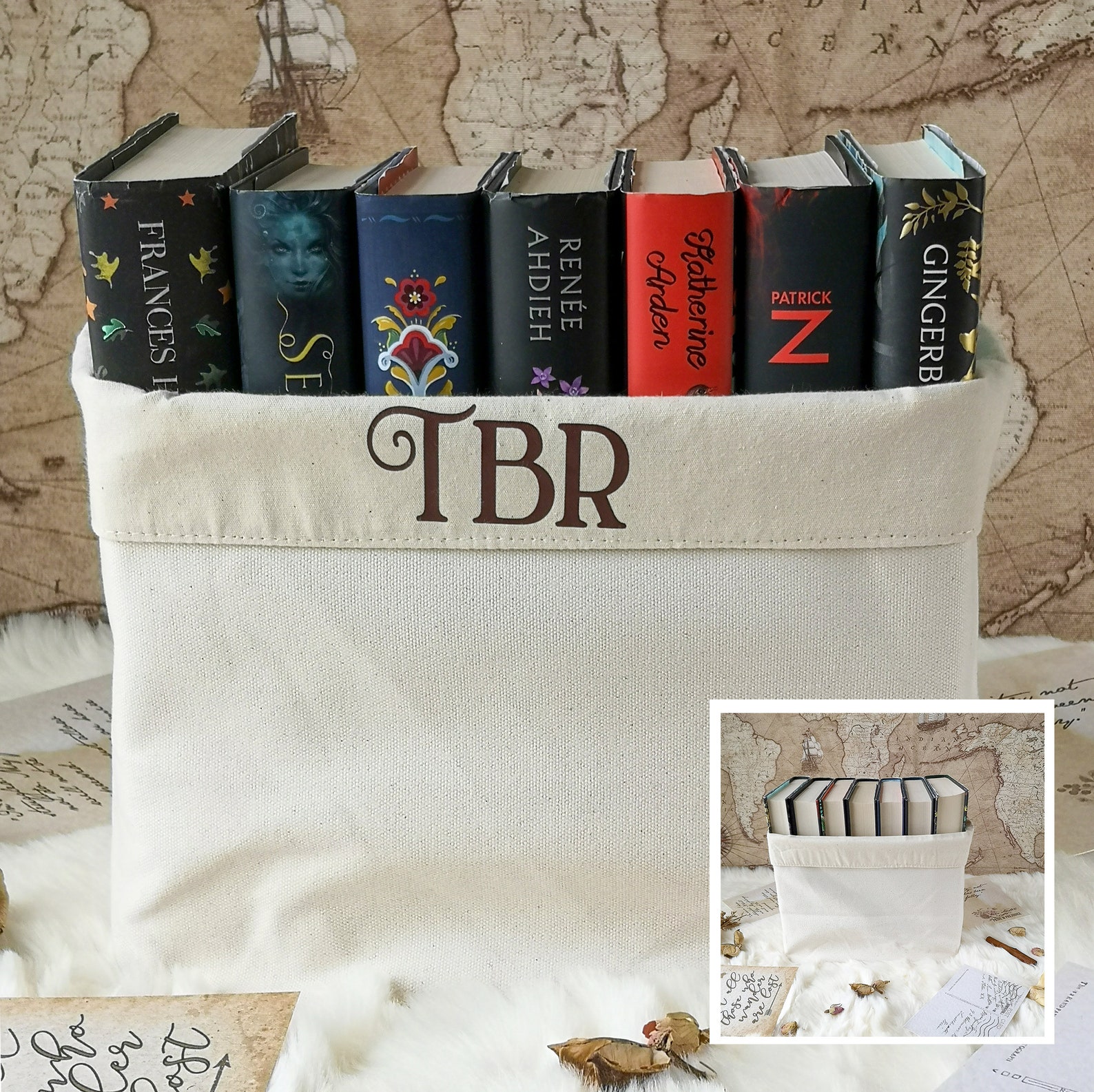 A canvas tote box labeled TBR