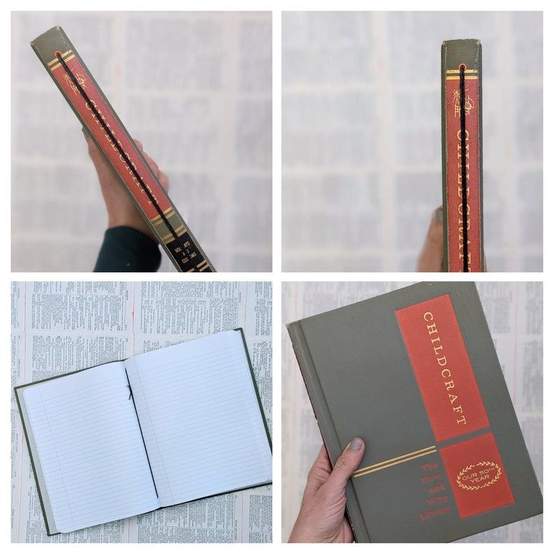 Four images that feature a journal made from a vintage book. The primary color of the journal is red. 