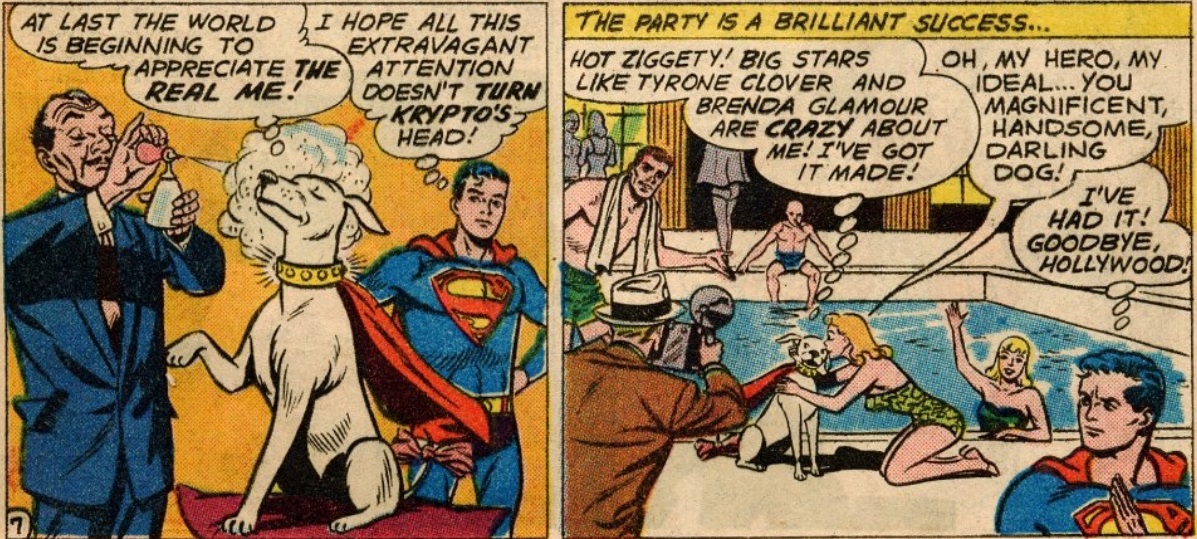From Adventure Comics #272. A snobbish Krypto is sprayed with perfume and later receives attention at the pool. Superboy walks away in disgust.