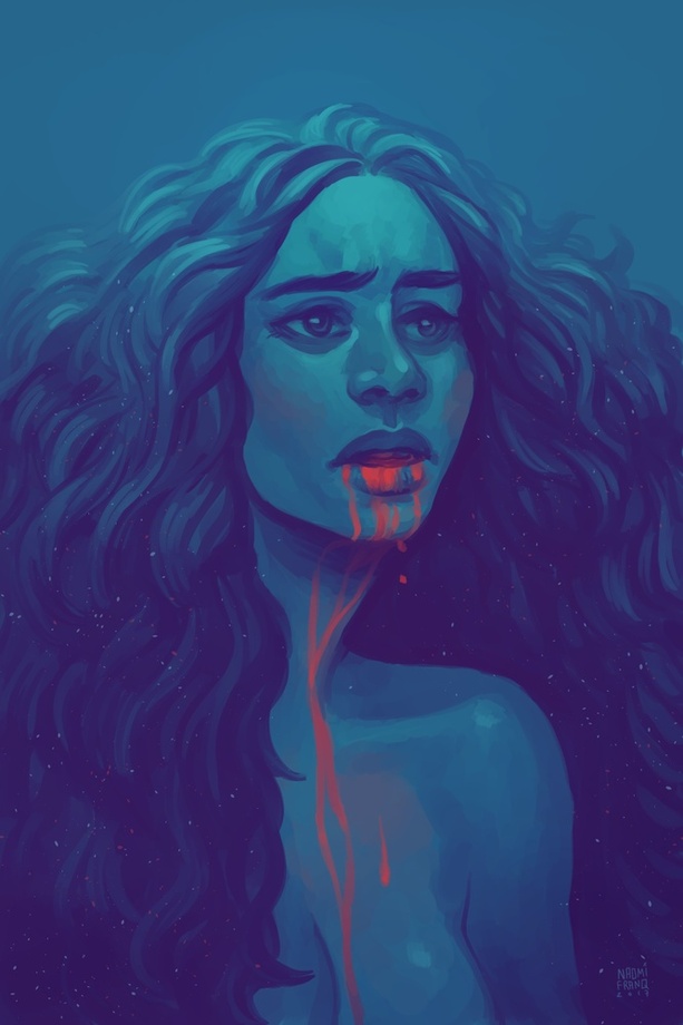 Print by Naomi Franquiz of a woman in all blue tones with bright red blood dripping from her mouth
