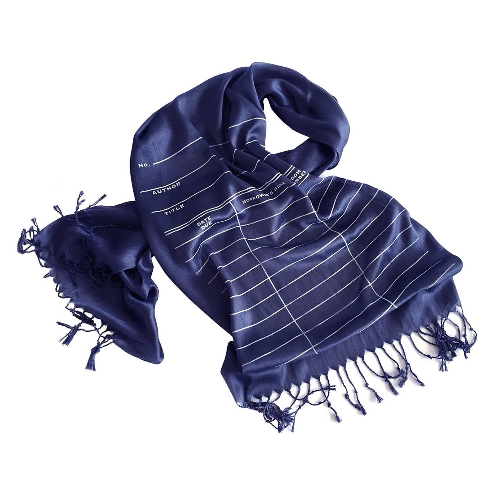 Dark blue scarf with white text and design of a due date card.