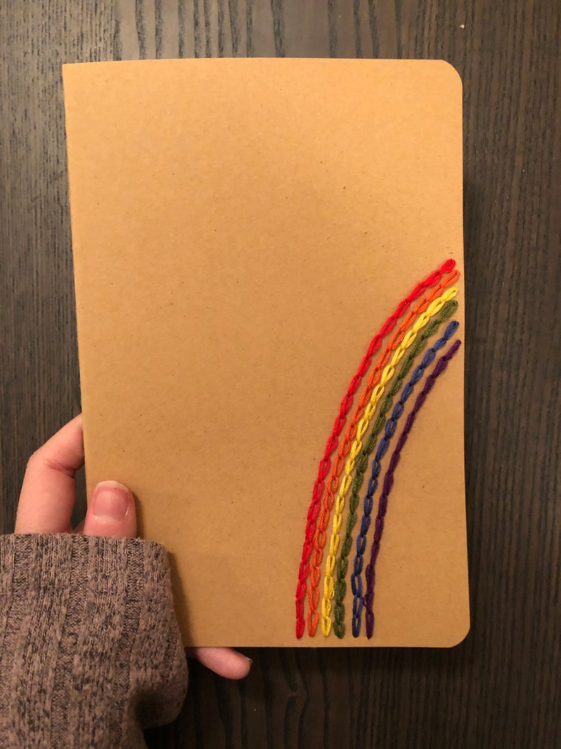 Image of a white hand holding a brown notebook. It has a rainbow embroidered on the right hand side. 