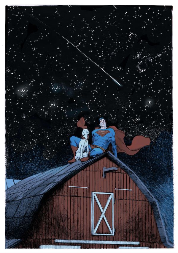 Artwork by Álvaro Martínez Bueno of Superman and Krypto sitting atop a red barn at night with a starry sky above them