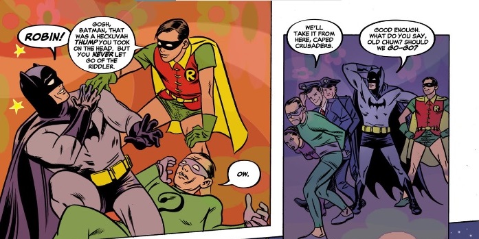 From DC Comics Present: Teen Titans #1. Robin tells Batman that he took a bad blow to the head. The police lead Riddler away as Batman asks Robin if they should "go-go."