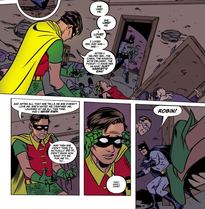 From DC Comics Presents: Teen Titans #1. A dazed Robin, with blood on his hands, kneels in a room full of bodies. He flees when Batman and Riddler enter.