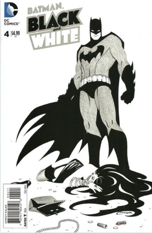 Batman: Black and White #4 cover. A black-and-white image of Batman standing over an woman's body. The only color is the tip of her red lipstick.