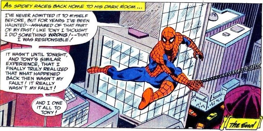 From Spider-Man and Power Pack #1. Spider-Man swings through New York and makes peace with the fact that his childhood abuse wasn't really his fault.