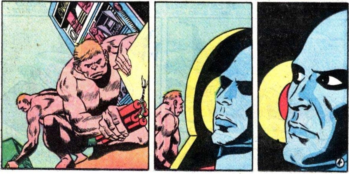 From T.H.U.N.D.E.R. Agents #5. In three wordless panels, some primitive-looking men plant dynamite as NoMan, at first inert, awakens to watch them.