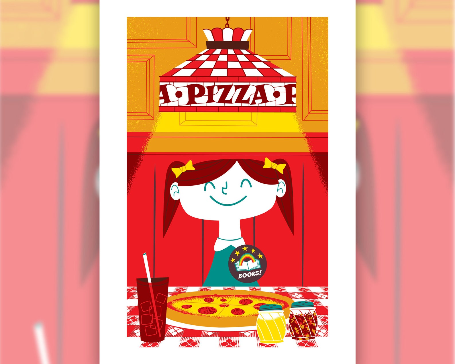 Image of a girl inside a restaurant that looks like Pizza Hut. She's wearing a button inspired by Book It. 