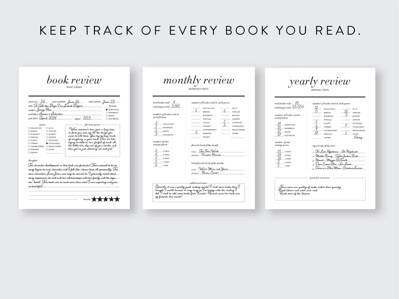 three black and white reading journal pages; one is labeled "book review," one is "monthly review," and one is "yearly review"
