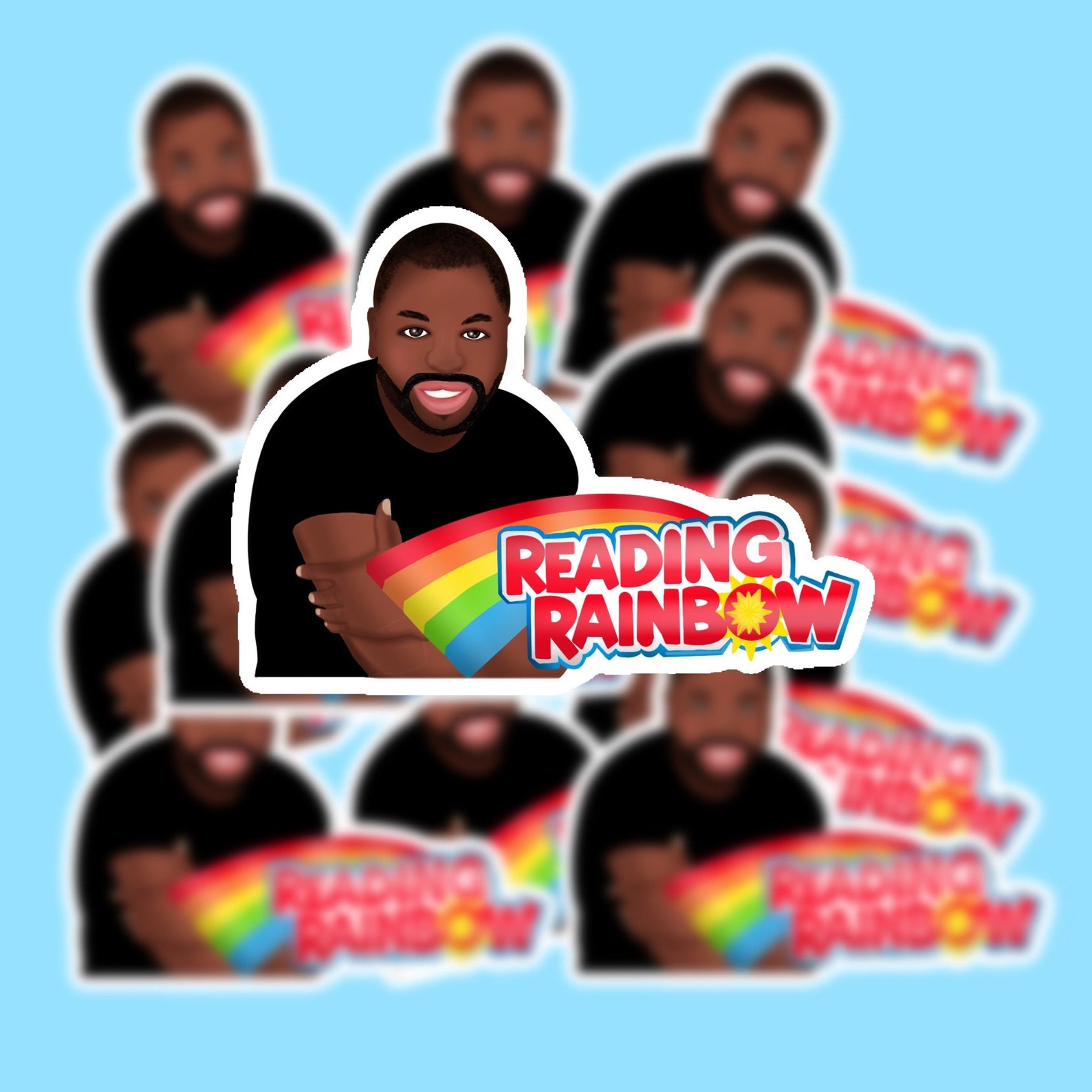 A sticker featuring an illustration of Levar Burton and the Reading Rainbow logo. 