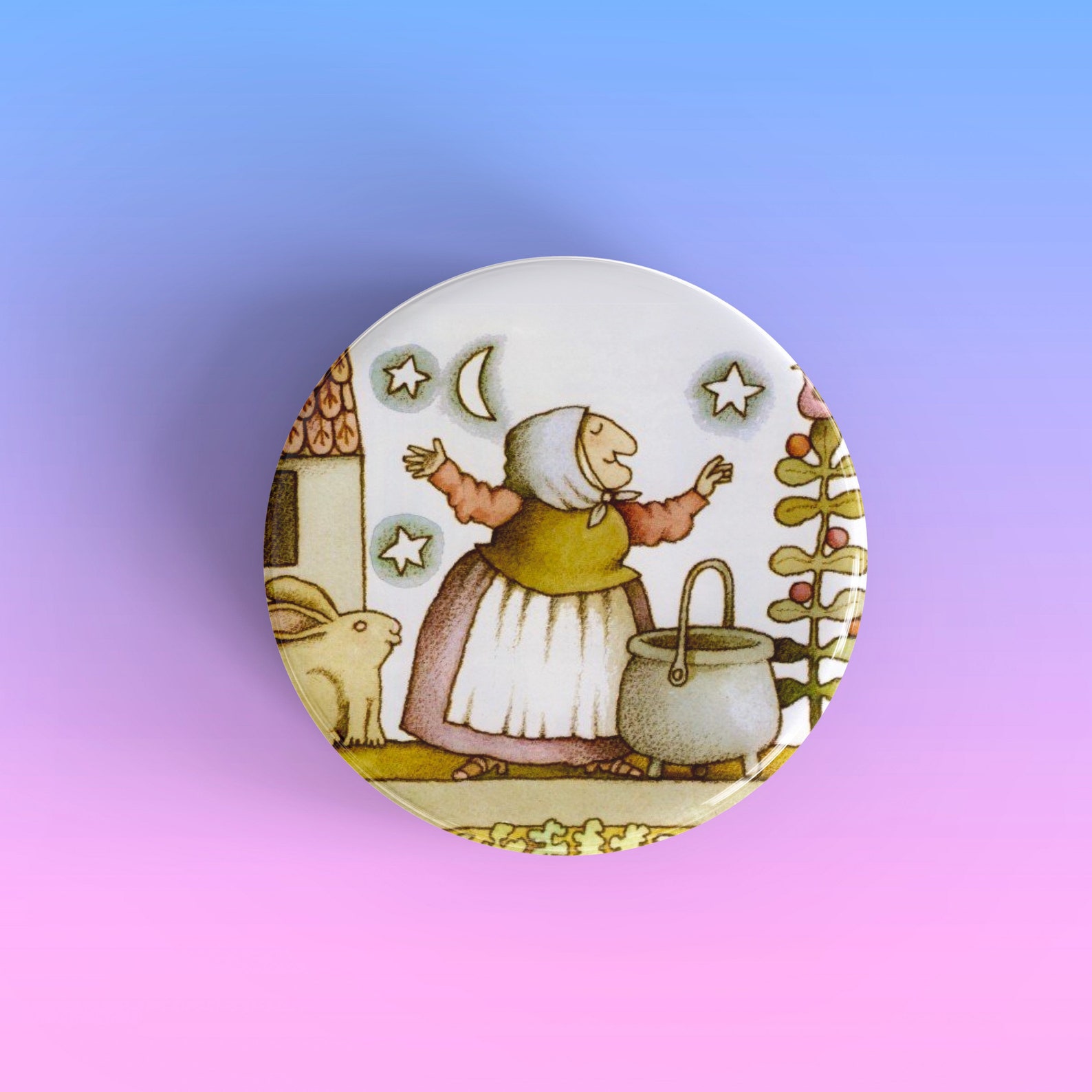An image of Strega Nona on a pin. The image is from the book. The pin is on a purple ombre background. 