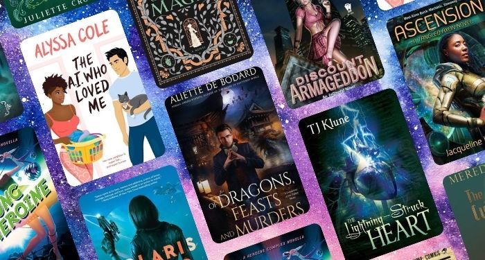 collage of funny sff romance books