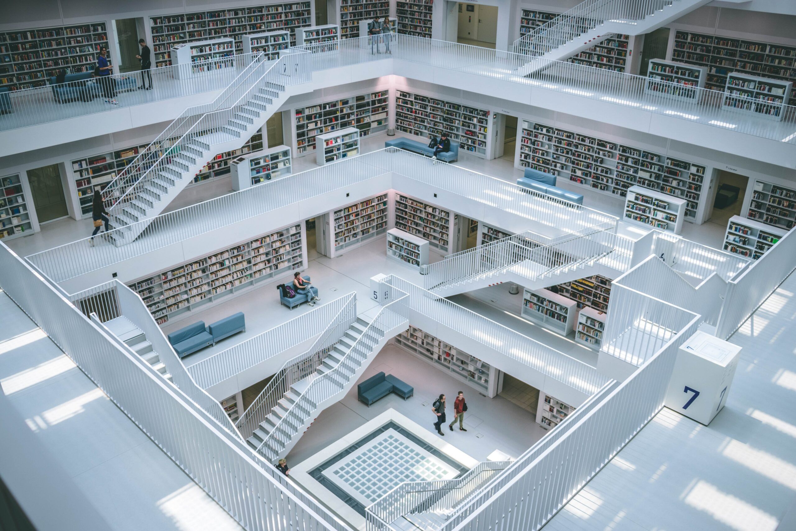 Library with stairs and shelves