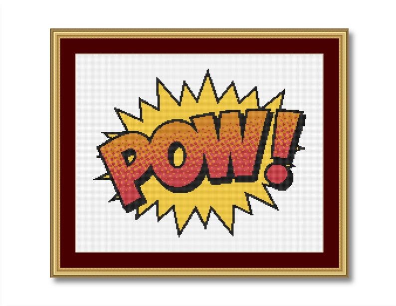 POW! in orange, black, and yellow cross stitch. 