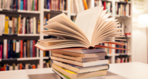 a photo of a stack of books in a bookstore