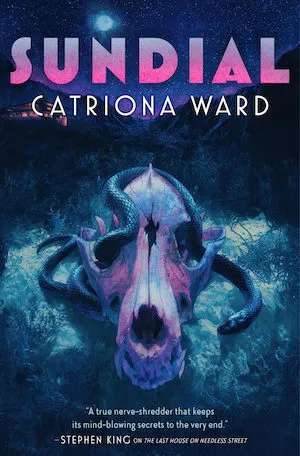cover of Sundial by Catriona Ward: a large animal skull in a field with a snake weaving itself around it
