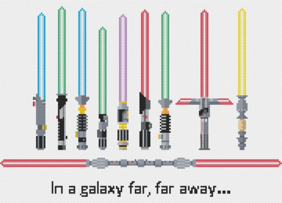 Ten cross stitched lightsabers