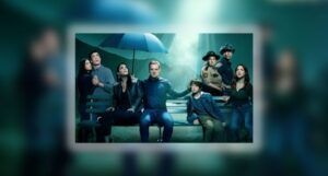 promo image for Resident Alien television series, showing actors Alan Tudyk, Elizabeth Bowen, Meredith Garretson, Corey Reynolds, Sara Tomko, Levi Fiehler, Alice Wetterlund, and Judah Prehn