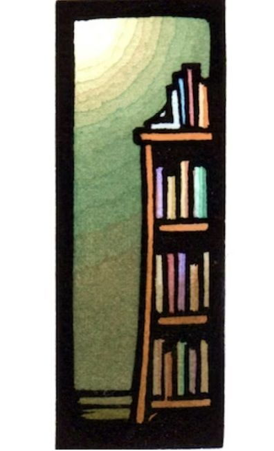 tiny library shelf linocut by Ken Swanson