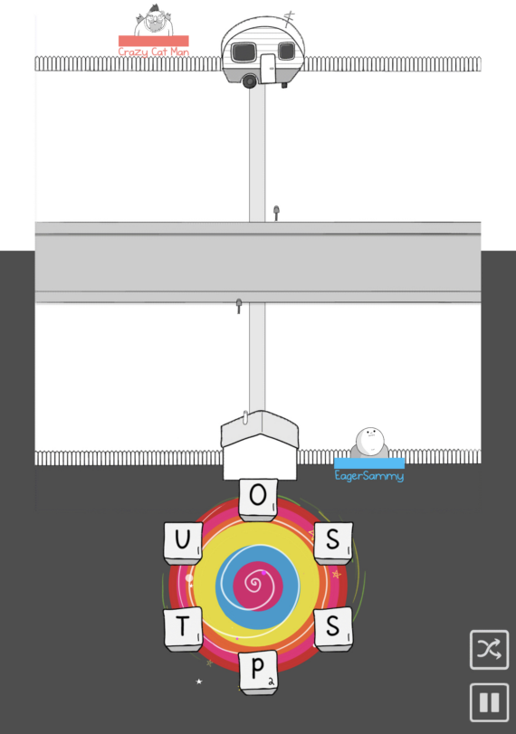 a screenshot of Kitty Letter, showing six letter tiles with number values in a circle. Also visible is your avatar, your house and fence, and the trailer and fence of your across the street neighbor.