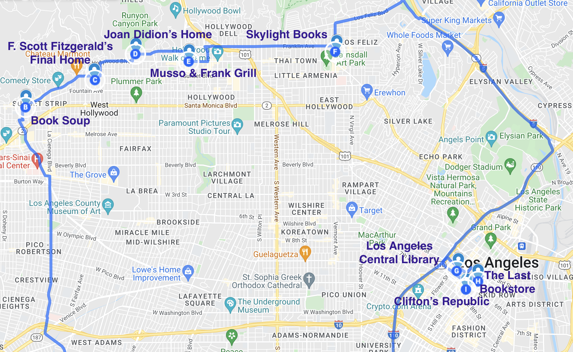 map of literary spots in Los Angeles California