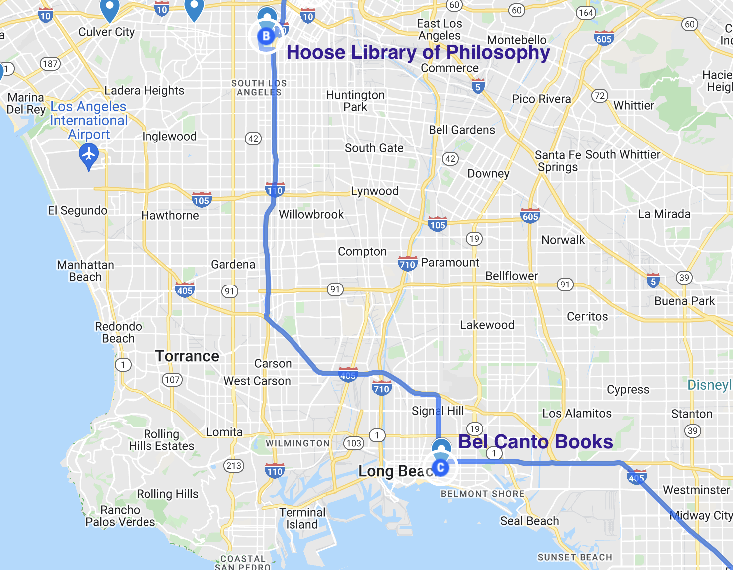 map of literary stops in LA and Long Beach California