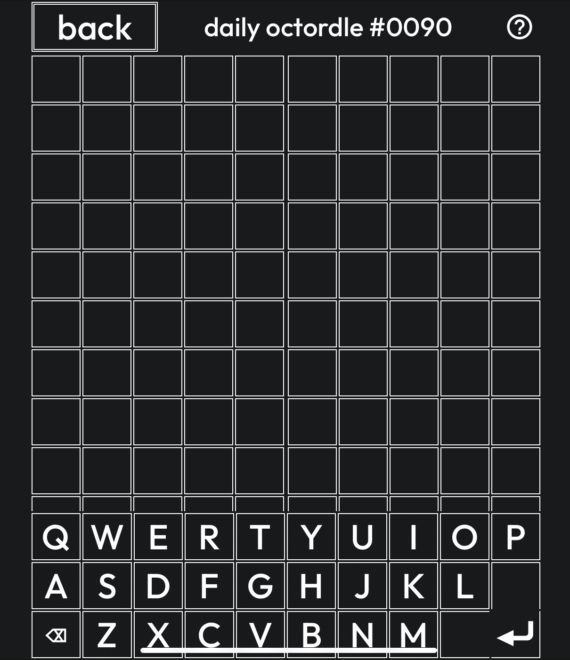 a graphic of a blank Octordle board divided into two columns. Both columns have more rows than can fit on the screen.