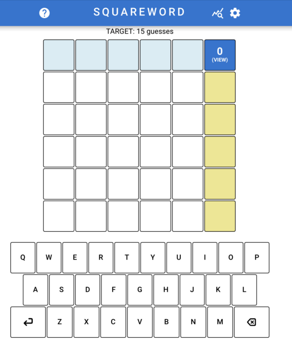 a graphic of a blank SquareWord board with a 6 by 6 board. The top row is highlighted in light blue, and the right column is highlighted in yellow.