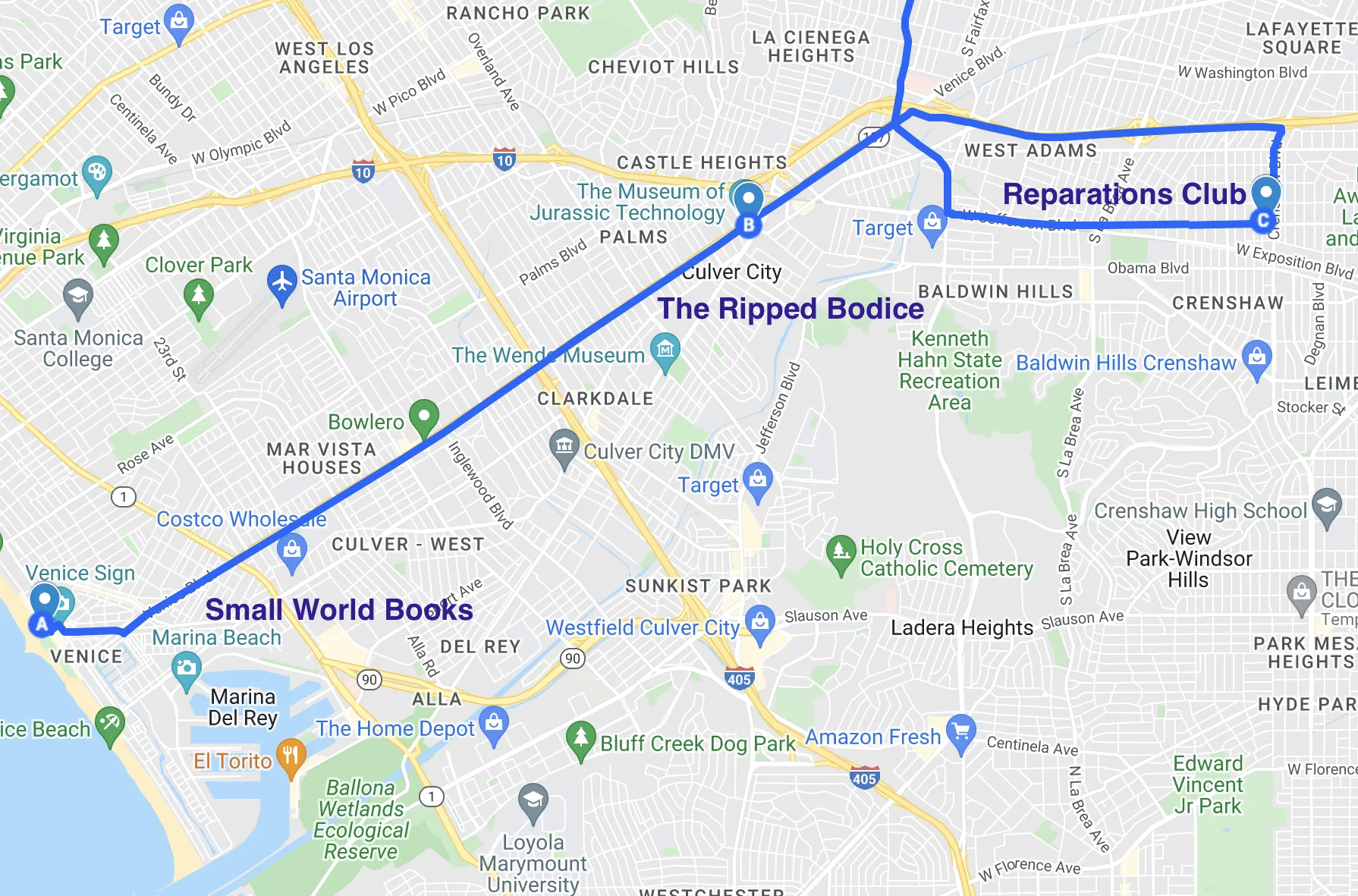 map of literary spots in west LA California