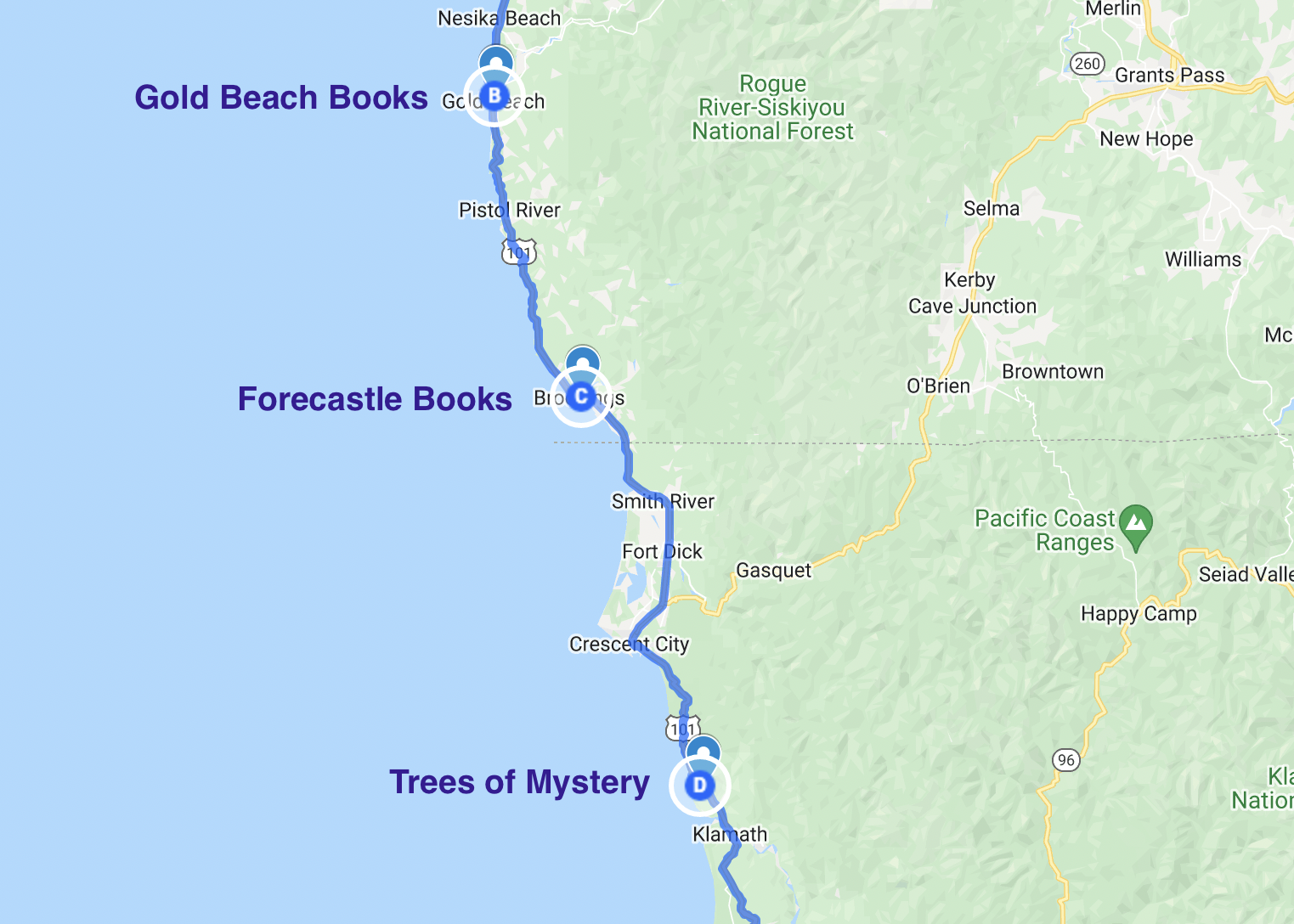 map of literary stops in the southern oregon coastline and northern California
