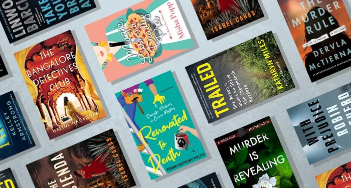 a collage of the covers of new mystery, thriller, and true crime books listed