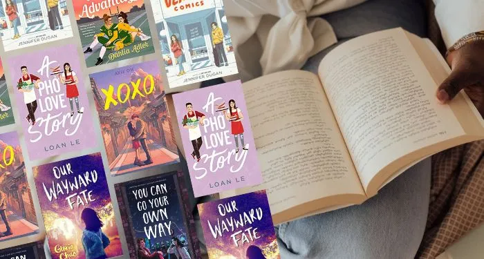 image of a person with an open book, with covers of YA books in a collage beside it.