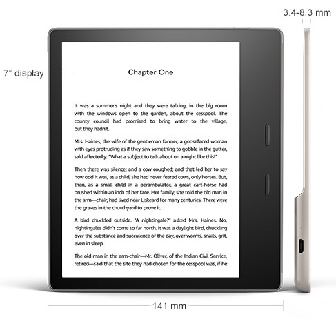 a photo of a Kindle Oasis straight on and from the size, labelled with dimensions