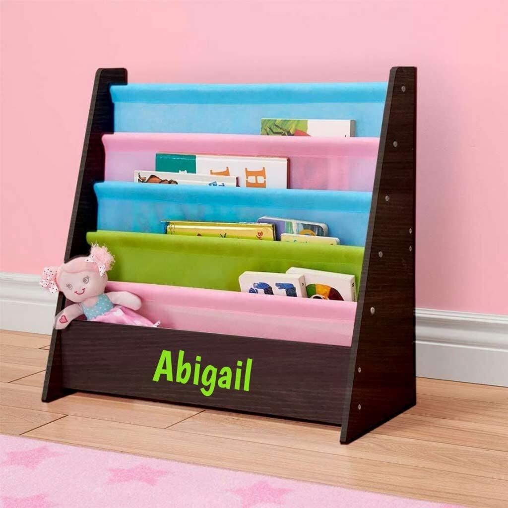 Dibsies personalized kids espresso bookshelf with pastel fabric