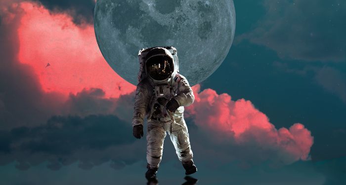 astronaut against a pink and gray background