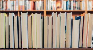 a photo of a bookshelf from the back, spines facing away