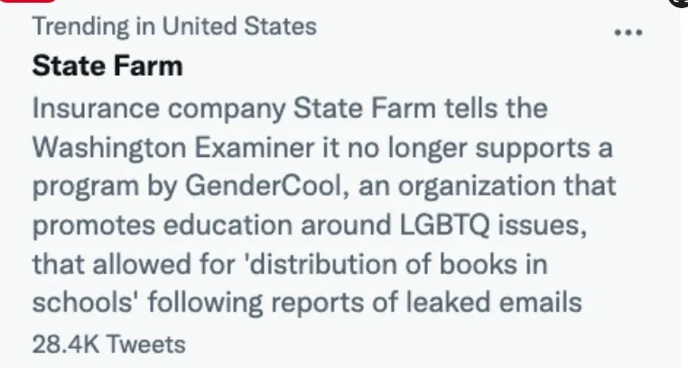 Screen shot of the trending topic "State Farm" on Twitter from Tuesday, May 26.