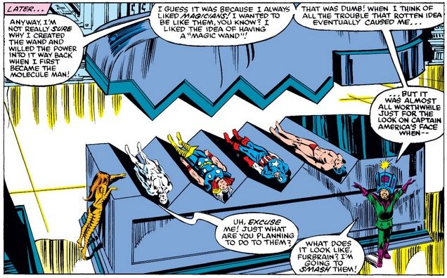 From Avengers #215. Molecule Man has trapped four Avengers as Tigra looks on. He has disintegrated Iron Man's armor, leaving him in a red thong.