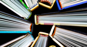 a photo of books standing up, seen from above