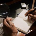 closeup of a person taking notes with one hand and holding a magnifying glass in the other