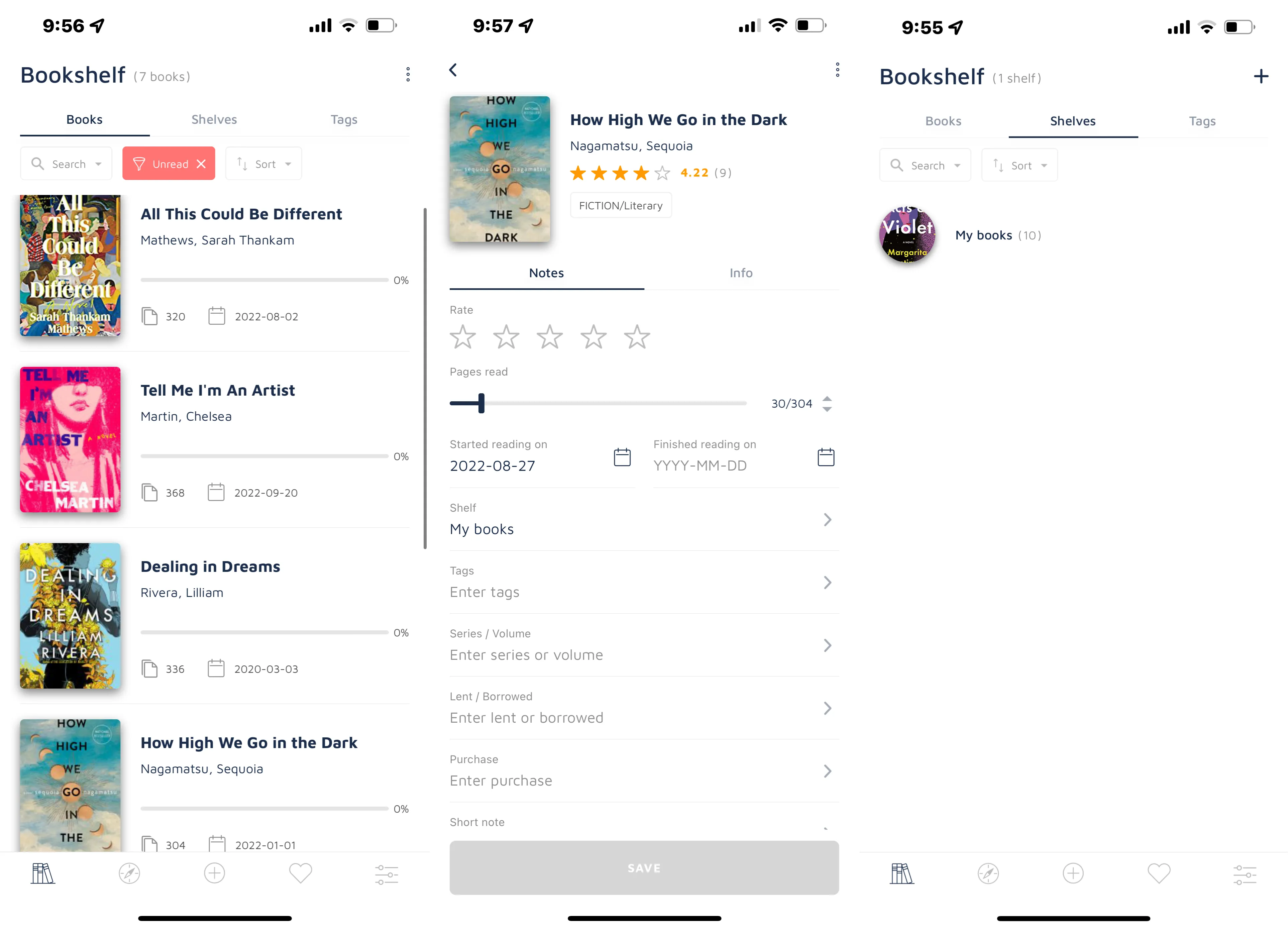 3 screenshots of the Bookshelf app showing the main library list, a book's main page, and the shelf page.