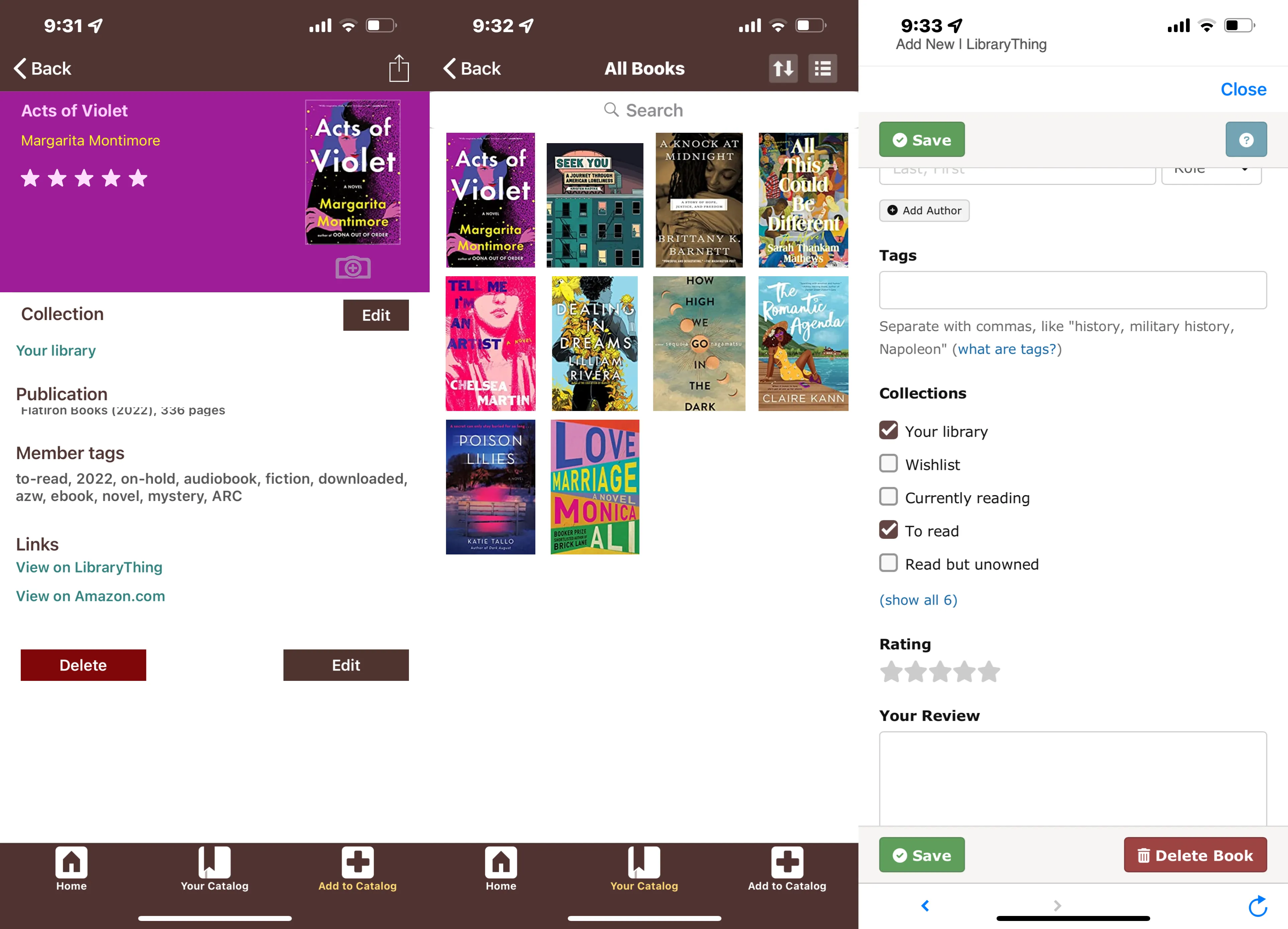 3 screenshots from the Library Thing app showing a book's main catalog page, the general library home page, and the shelf system.